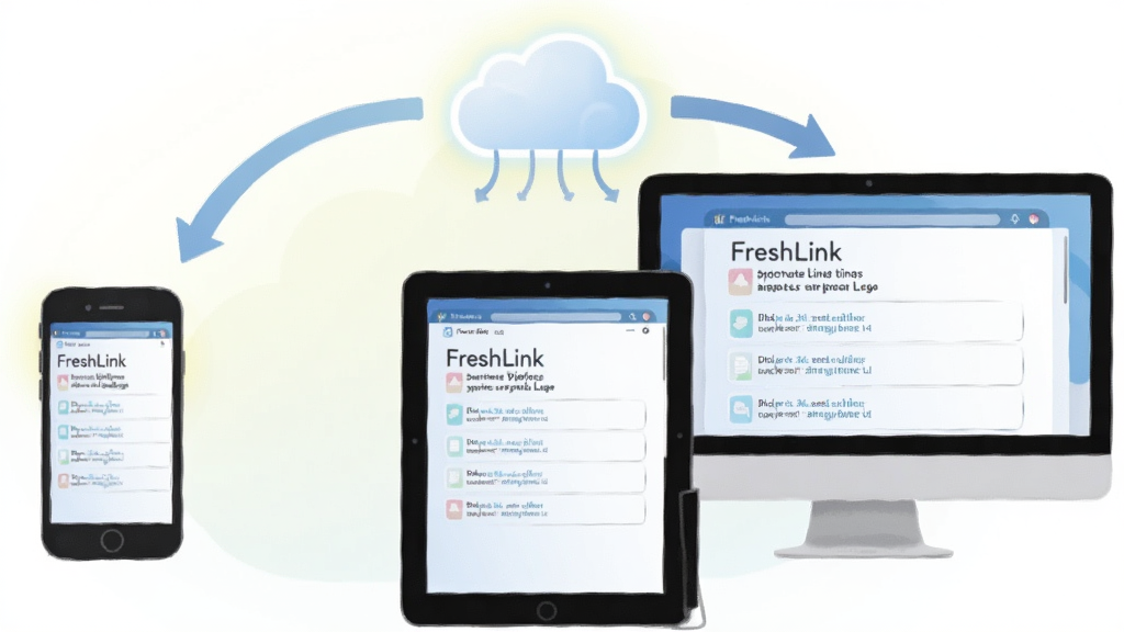 一张表现 FreshLink 跨设备同步概念的图片,画面中手机、平板与电脑三台设备通过弧形箭头与云朵图标相互连接,设备屏幕内均显示相同的链接列表界面,布局呈三角环绕式,风格科技感扁平插画,细节上云朵带有细微光晕,画质清晰,背景为柔和渐变