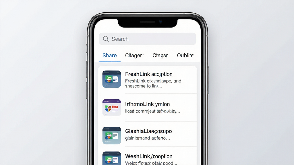 一张展示 FreshLink 软件核心界面的预览图,画面中央为手机屏幕,屏幕内呈现简洁的链接管理列表界面,顶部有搜索框与分类标签,列表项左侧为网站图标右侧为链接标题与简短描述,整体布局清晰有序;背景为浅灰色渐变,风格现代简约,细节上突出图标与文字层次,画质清晰锐利,干净无多余元素