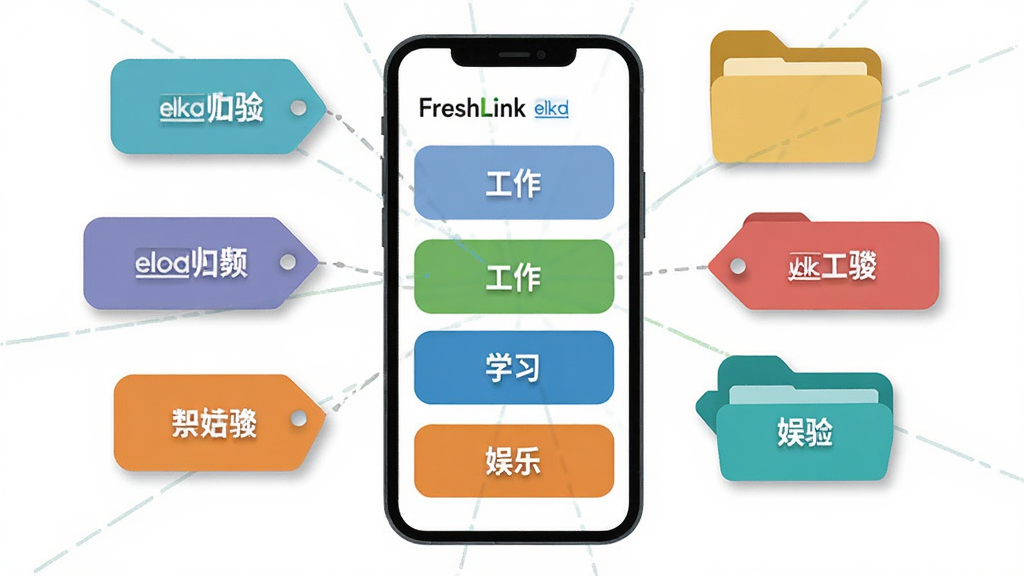 一张体现 FreshLink 智能分类功能的示意图,画面中多个彩色标签与文件夹图标围绕手机屏幕排列,屏幕内显示链接被自动归入工作、学习、娱乐等分类栏目,布局采用中心辐射式构图,风格扁平化插画,细节上标签带有轻微阴影与圆角,画质干净清晰,无杂乱元素