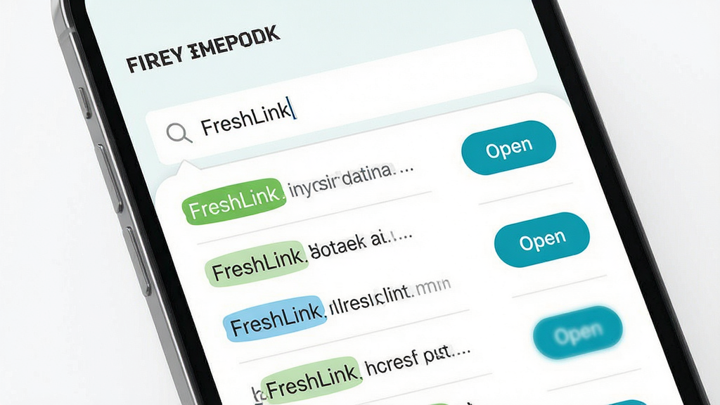 一张展示 FreshLink 快速检索功能的界面图,画面为手机屏幕特写,屏幕中搜索框内输入关键词后下方弹出匹配的链接列表,列表项中关键词以高亮色显示,右侧有醒目的打开按钮,布局简洁聚焦,风格清爽现代,细节上高亮色与界面主色调协调,画质锐利,背景干净