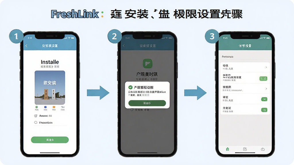 一张展示 FreshLink 安装与权限设置步骤的示意图,画面为手机屏幕分步展示安装界面、权限弹窗与设置页面,布局为纵向流程式排列,风格简洁教程类插图,细节上步骤编号清晰可见,画质干净,背景为浅色