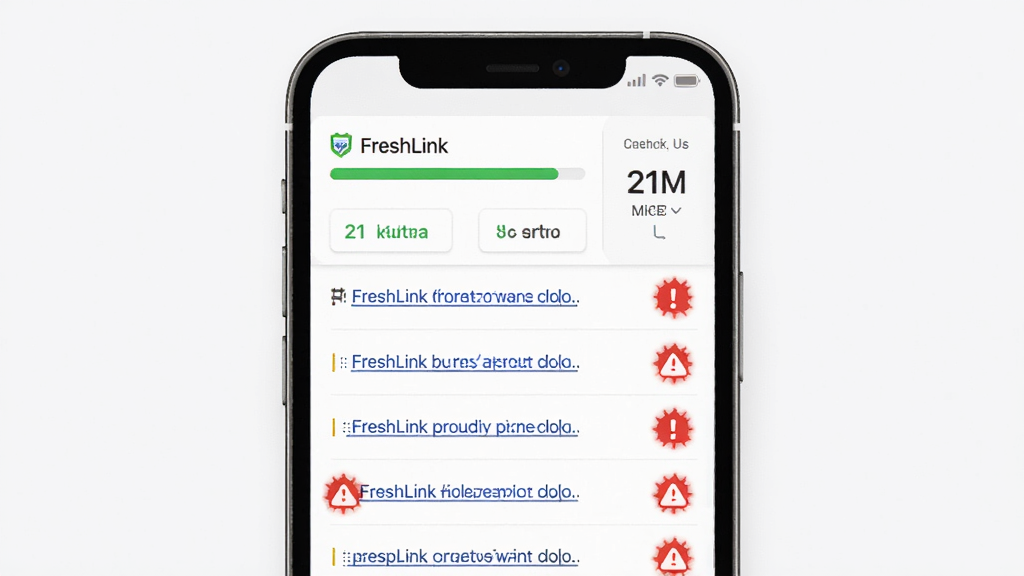 一张展示 FreshLink 链接健康检测功能的界面图,手机屏幕内链接列表中有部分条目带有红色警示标记,屏幕上方显示检测进度条与统计数字,布局为上下结构,风格简洁工具类界面,细节上警示标记醒目但不刺眼,画质清晰,背景干净