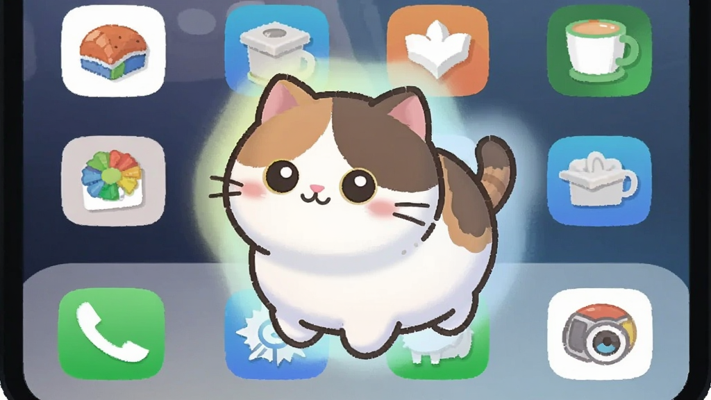 一只圆润可爱的卡通小猫宠物站在手机主屏幕中央,周围是整齐排列的应用图标,宠物身上有柔和的渐变光晕,画面采用柔和清新的扁平插画风格,细节丰富,画质清晰干净,无多余文字元素
