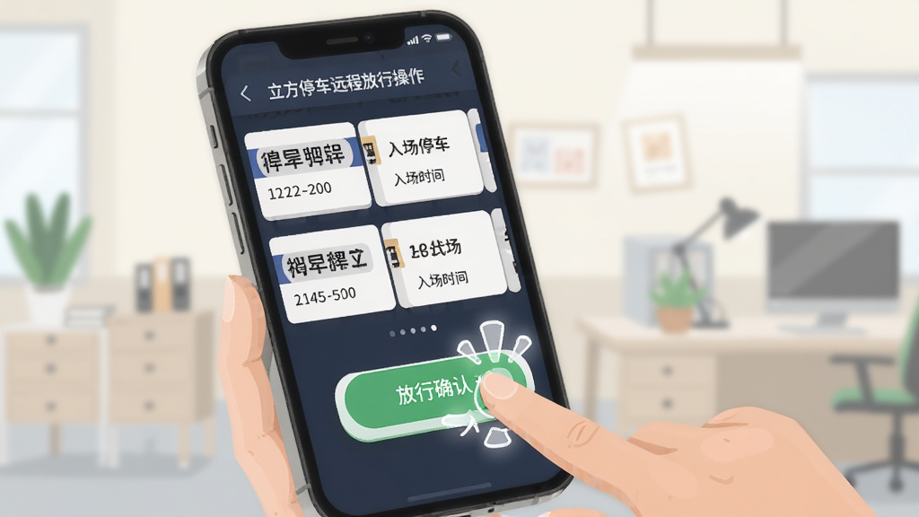 ����ͣ��Զ�̷��в������棬�ֻ���Ļ��ʾ�����������б������ȷ�ϰ�ť���������г��ƺ������볡ʱ����Ϣ��Ƭ����ָ������а�ť�Ķ�̬Ч��������Ϊǳɫ�칫�����黯����ƽ���廭���ϸ�ڷḻ�����ʸɾ�