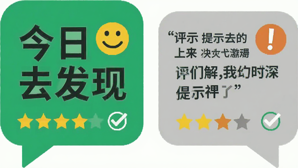 插画主体为两个对话气泡,一个绿色气泡内写“今日去发现”并配笑脸图标,另一个灰色气泡内写提示文字与感叹号图标;布局为左右对比排列,风格为简洁扁平化;细节包含评价星星与勾选标记;画质清晰,纯色背景,无多余元素