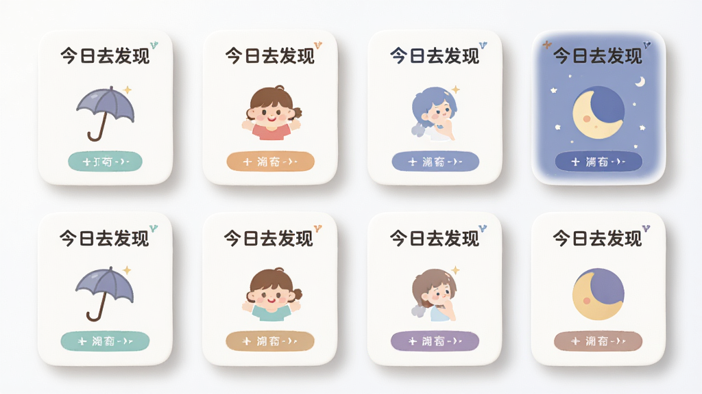 画面主体为一组排列整齐的卡片,每张卡片代表一个主题合集,卡片上印有“今日去发现”标志与不同场景图标如雨伞、儿童、月亮;布局为三行两列网格,风格为柔和圆角卡片设计;细节包含卡片阴影与标签色块;画质细腻,背景干净,无多余元素