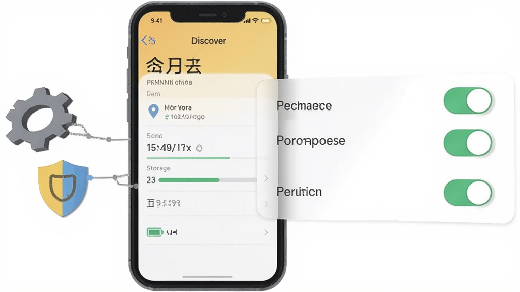 画面主体为一部手机屏幕显示今日去发现的设置页面,旁边有齿轮与盾牌图标;布局为手机居中偏左,右侧浮出权限开关示意;风格为科技感扁平插画;细节包含定位图标、存储条、电池图标;画质清晰,背景简洁,无多余元素