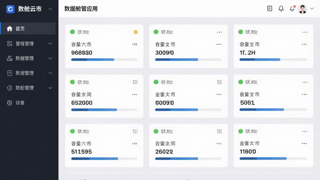 主体为数舱云市应用中的数据舱管理界面,布局为左侧导航栏配合右侧卡片式数据列表,排版采用清晰网格结构,风格为简洁商务科技风,细节包括每张卡片上标注状态指示灯与容量进度条,背景为浅灰色渐变,画质高清干净,无多余元素