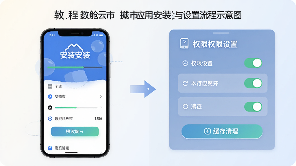 主体为数舱云市应用安装与设置流程示意图,布局为左侧手机安装界面配合右侧权限设置面板,排版采用左右对照结构,风格为扁平化教程插画风,细节包括安装进度条、权限开关与缓存清理按钮,背景为浅色渐变,画质清晰干净,无多余元素