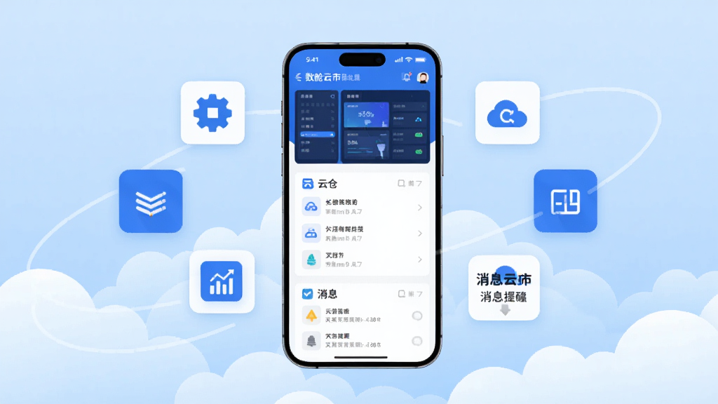 主体为数舱云市手机应用界面悬浮于浅蓝色云端背景之上,布局为居中展示手机屏幕与周围环绕的数据模块图标,排版采用上下分层结构,风格为现代科技扁平插画风,细节包括手机屏幕内呈现数据看板、云仓列表与消息提醒三个区域,整体色调以蓝白为主,画质清晰干净,无多余元素