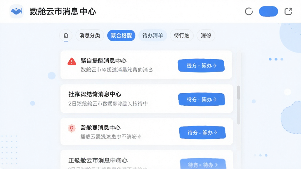 主体为数舱云市消息中心页面展示聚合提醒与待办清单,布局为顶部消息分类标签配合下方卡片式通知列表,排版采用纵向流式结构,风格为清爽移动端UI风格,细节包括红色告警标记与蓝色待办按钮,背景为纯白配浅蓝点缀,画质清晰干净,无多余元素