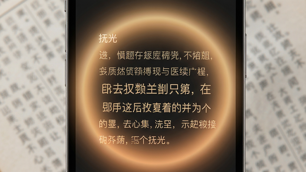 一款名为“抚光”的手机应用阅读界面特写,画面主体为居中的一段中文文字,文字周围环绕柔和的暖色光晕,布局为单列纵向排版,风格极简现代,细节包含细腻的光影渐变与清晰的字形边缘,画质高清,干净无杂乱元素