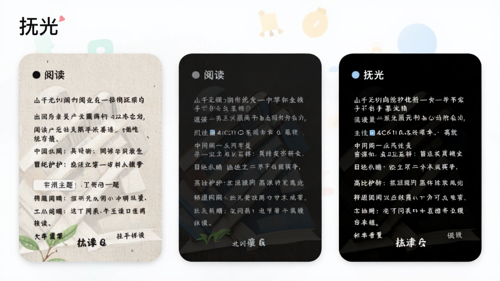 名为“抚光”的应用主题选择界面,画面主体为三张并排的阅读主题预览卡片,布局为横向排列,风格清爽明快,细节包含纸质纹理、深色护眼与高对比度三种配色方案,画质清晰,背景干净