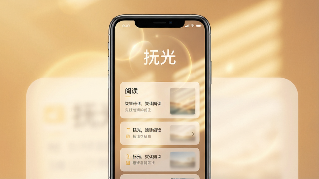 手机屏幕中央展示一款名为“抚光”的阅读应用界面,主体为暖色调光影背景,文字排版疏朗,布局为上下结构,上方应用名称“抚光”居中,下方为阅读列表卡片,风格清新简约,细节包含柔和光晕与半透明图层,画质清晰干净,无多余元素