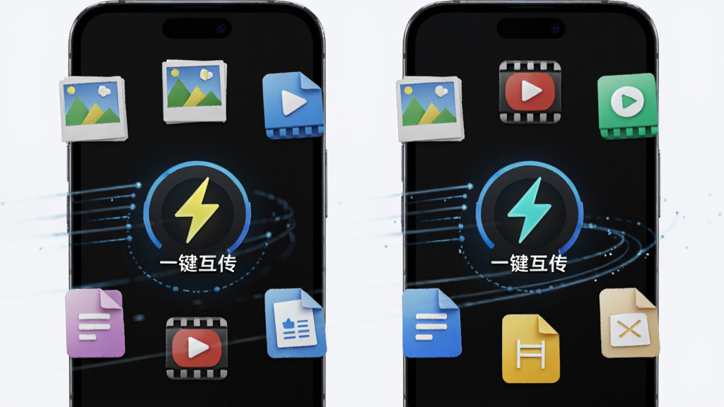 ��������Ϊ�����ֻ���Ļ��д����Ļ�м���ʾ��һ�������������紫��ͼ�꣬��Χ��������Ƭ����Ƶ���ĵ����ļ���ʽͼ�꣬���ֲ������ҶԳƹ�ͼ�����Ϊ3D��Ⱦ�Ƽ��У�ϸ��ͻ�������ٶȵĶ������������������������ɾ���ɫ
