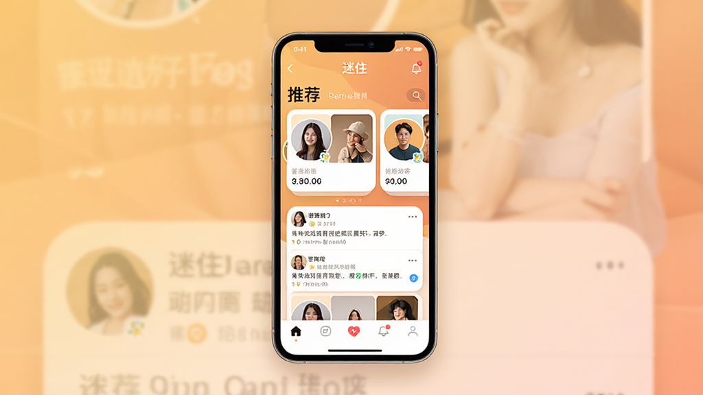 һ��չʾ�ƶ����罻Ӧ��������ĳ���ͼ������������һ�����������ֻ�����Ļ�ڳ��֡���ס��Ӧ�õ���ҳ���֣������ײ����������Ƽ��û���Ƭ�붯̬��Ϣ�����������ůɫ�����䱳����������ִ���ϸ����ͻ��Բ�ǿ�Ƭ�������Ӱ�����������ɾ����޶���װ��Ԫ��