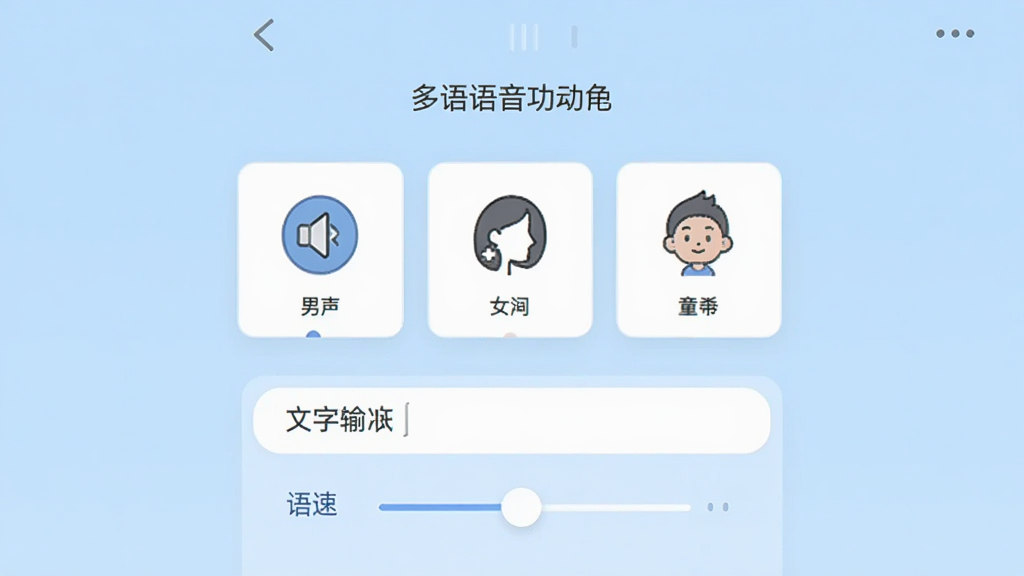 唱语语音播报手机界面展示多音色文字转语音功能,主界面居中排列音色选择卡片,卡片上有男声女声童声图标,下方是文字输入框和语速调节滑块,整体采用浅蓝色调,扁平化设计风格,画面干净整洁,高清画质,无多余装饰元素