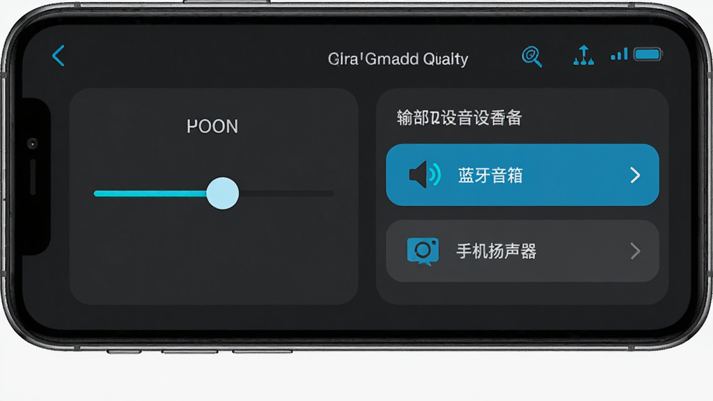 唱语语音播报音量与音频输出通道调节面板,手机界面显示音量滑块和输出设备选择列表,包含蓝牙音箱和手机扬声器选项,界面以深灰色为底,控件为亮色高亮,布局规整,风格简约,高清画质,画面干净