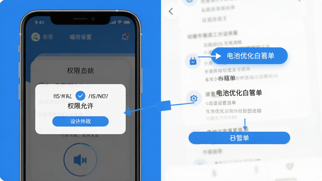唱语语音播报新手安装设置指引示意图,手机屏幕展示权限允许弹窗和电池优化白名单设置页面,界面元素清晰标注,配色为蓝色与白色,扁平插画风格,布局简洁明了,高清画质,画面干净无杂乱