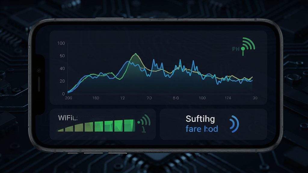 主体为手机屏幕显示WiFi信号强度曲线图与数值面板,布局为上下结构,排版直观,风格为数据可视化仪表盘风格,细节包括曲线波动与信号格图标,背景为深色科技背景,画质高清,干净,无多余元素