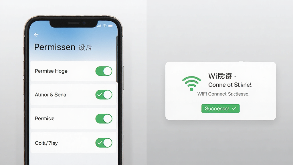 主体为手机屏幕显示权限设置界面与WiFi连接成功提示,布局为左右分栏对比,排版清晰,风格为扁平化教程插图,细节包括权限开关图标与绿色对勾标识,背景为浅灰渐变,画质高清,干净,无多余元素