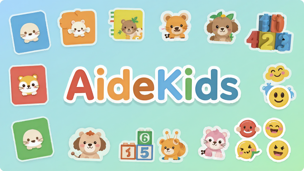 AideKids��ͯ��֪ѵ�����������棬���д���⡰AideKids������Χ������ɫ��Ƭ������ͼ�ꡢ���ֻ�ľ�������ֽ��������̽��䱳������ƽ��ͨ��񣬲����������׳��㣬����ɾ��޶���Ԫ�أ����廭��