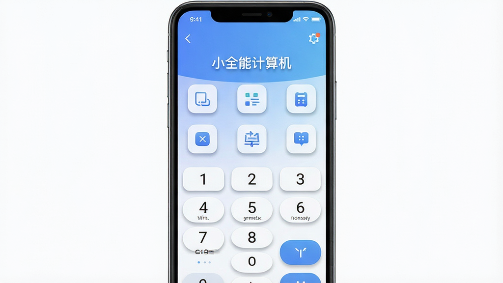 主体为一部竖屏智能手机,屏幕中央显示“小全能计算机”主界面,包含数字键盘与换算功能入口;布局为手机居中、四周留白;排版简洁,功能图标呈网格排列;风格为现代扁平化科技风;细节包括蓝白渐变背景、清晰按钮阴影、顶部状态栏;画质高清、干净、无多余元素
