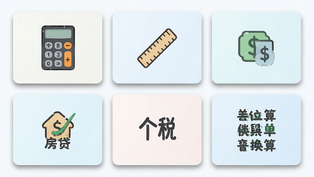 主体为“小全能计算机”功能模块展示页,布局为六宫格卡片式排列,排版整齐,风格为清爽浅色系;细节包括计算器、尺子、汇率、房贷、个税、单位换算图标,卡片带轻微投影;画质高清、干净、无多余元素