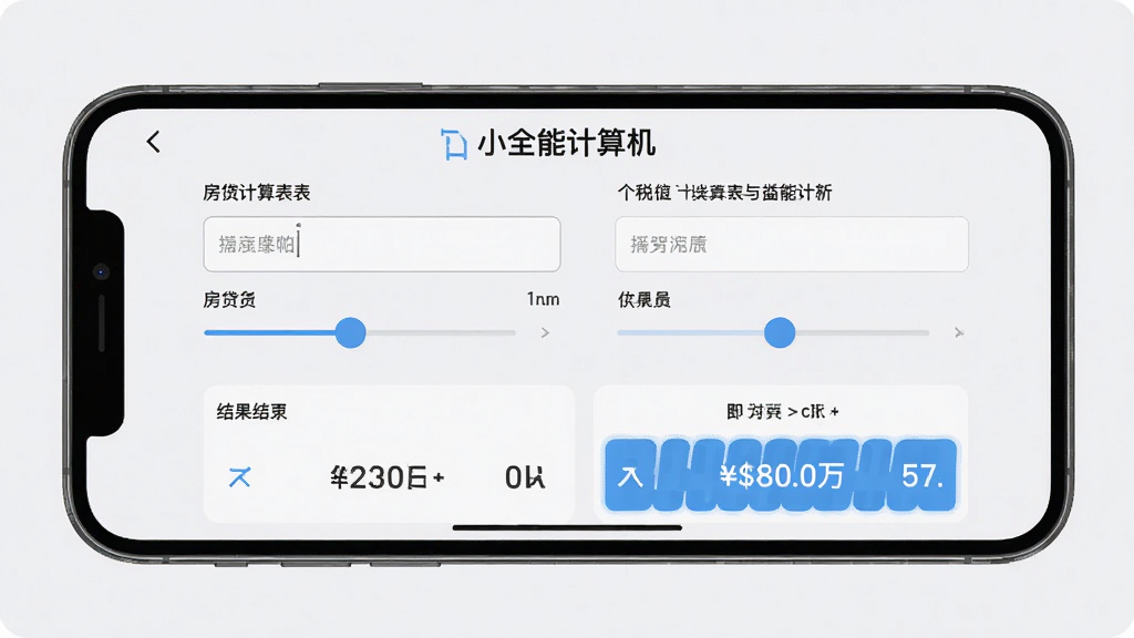 主体为“小全能计算机”生活计算场景页,布局为手机横屏展示房贷与个税计算表单,排版表单在上、结果在下,风格为商务简洁风;细节包括输入框、滑块、结果高亮数字、浅灰背景;画质高清、干净、无多余元素