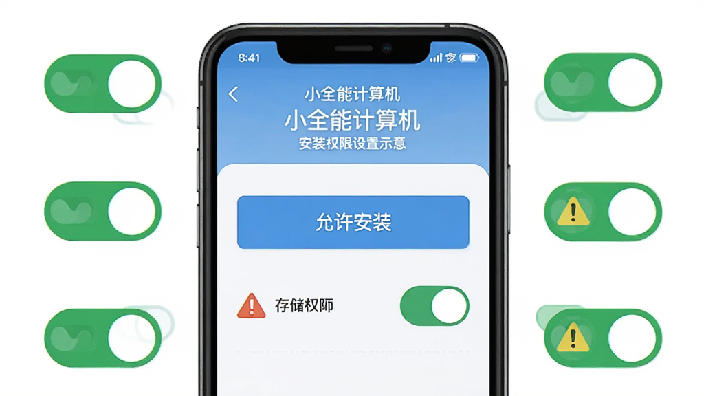 主体为“小全能计算机”安装权限设置界面示意,布局为手机屏幕居中、周围环绕权限开关图标,排版清晰分层,风格为扁平化教程风;细节包括“允许安装”按钮、存储权限开关、警示图标;画质高清、干净、无多余元素