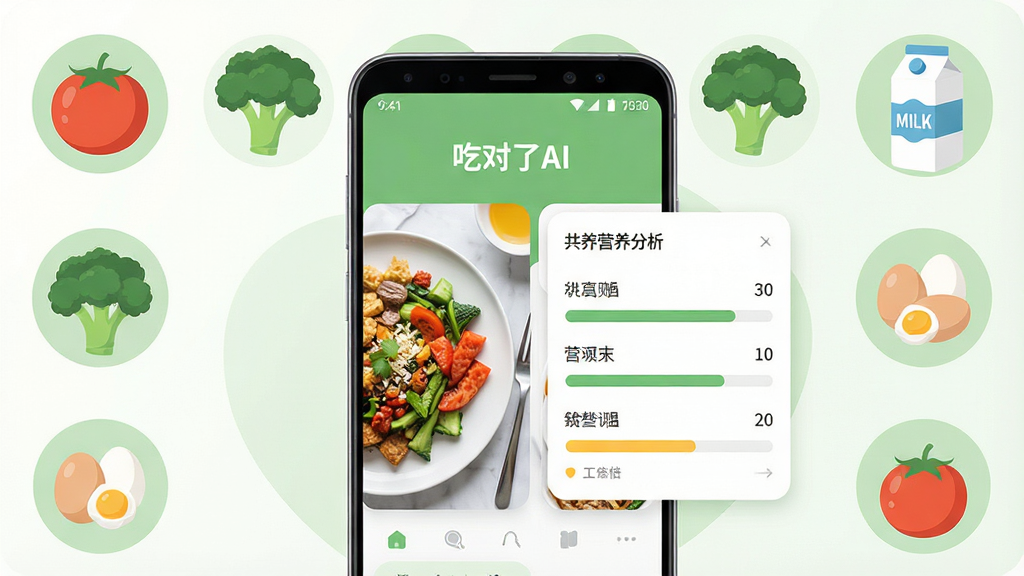 一张展示智能手机界面的产品宣传图,画面中央是一部竖屏安卓手机,屏幕上显示“吃对了AI”软件的食物识别与营养分析界面,左侧是餐盘照片,右侧是营养数据卡片;手机周围以扁平化插画风格环绕摆放番茄、西兰花、鸡蛋、牛奶等食材图标;整体布局居中对称,风格清新健康,细节包含柔和的绿色与白色配色、圆角卡片、清晰的食物照片与数据条;画质高清、干净、无多余元素