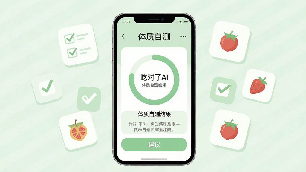 一张AI生图,画面主体是一部手机显示“吃对了AI”的体质自测结果页面,页面中有圆环图表与建议文字;布局为手机居中,周围漂浮着问卷勾选图标与食材小插图;风格为简约扁平化UI展示风,细节包含浅绿色调、圆角卡片、清晰的中文标签“体质自测”;画质高清、干净、无多余元素