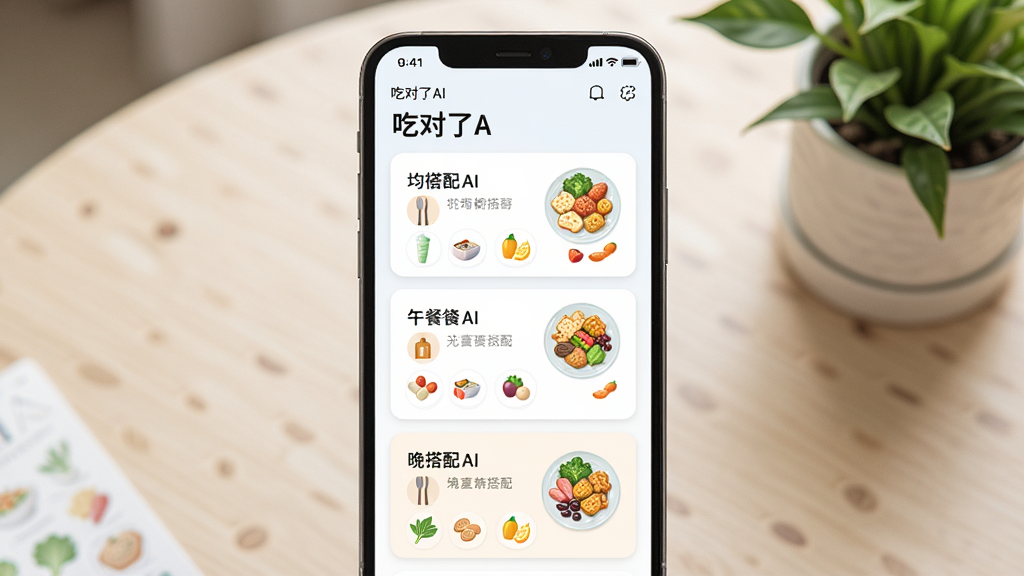 一张AI生图,主体是手机屏幕展示“吃对了AI”的三餐搭配方案列表,屏幕上有早餐、午餐、晚餐三张卡片,每张卡片配有小份食物插画;布局为手机竖屏居中,背景为浅色桌面与绿植;风格为清新生活化UI展示,细节包含“吃对了AI”软件名称、均衡搭配文字与食材图标;画质清晰、干净、无多余元素