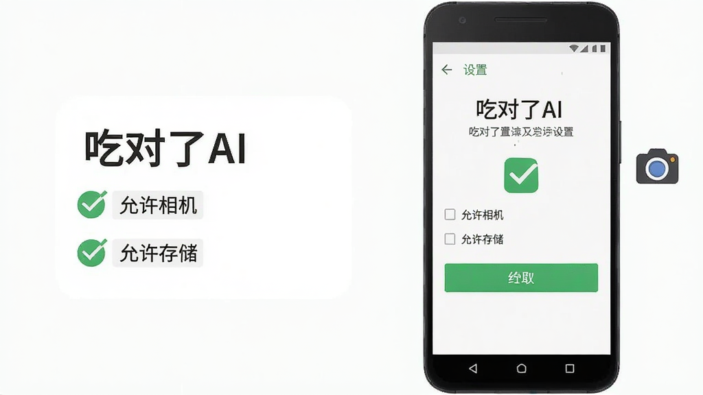 一张AI生图,主体是一部安卓手机屏幕显示“吃对了AI”的权限设置引导页,旁边配有勾选图标与相机图标;布局为手机居中偏右,左侧为简洁的文字提示框;风格为扁平化教程插图风,细节包含“允许相机”“允许存储”中文标签与绿色确认按钮;画质清晰、干净、无多余元素