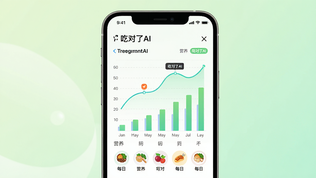 一张AI生图,画面主体为手机显示“吃对了AI”的饮食记录趋势图,包含折线图与柱状图,图表下方有每日餐食小图标;布局为手机居中,背景为柔和渐变浅绿色;风格为数据可视化展示风,细节包含清晰的坐标轴、营养标签与“吃对了AI”字样;画质高清、干净、无多余元素
