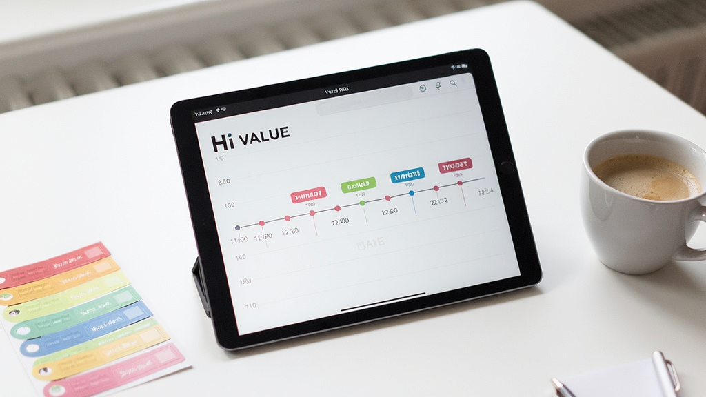 一张整洁的桌面场景,平板电脑上显示 Hi VALUE 的价值记录时间线界面,旁边放着彩色标签贴纸和一杯咖啡,画面采用柔和自然光,风格清新简约,布局以平板为中心,细节突出时间线与标签元素,画质清晰,背景干净无杂物