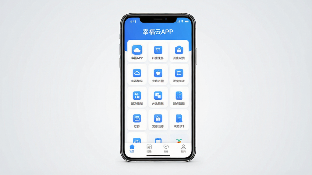 一张展示幸福云APP主界面的手机样机图,画面中央是一部竖屏智能手机,屏幕上显示幸福云APP的首页界面,顶部有
