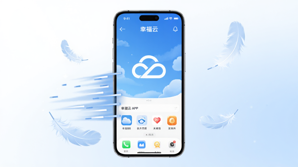 一张展示幸福云APP运行流畅特性的概念图,画面中央为一部手机,手机屏幕显示幸福云APP界面,屏幕周围有速度线条与轻量化的羽毛元素点缀,象征轻快流畅,背景为白色到浅蓝色的柔和渐变,风格简约科技感,画质高清干净