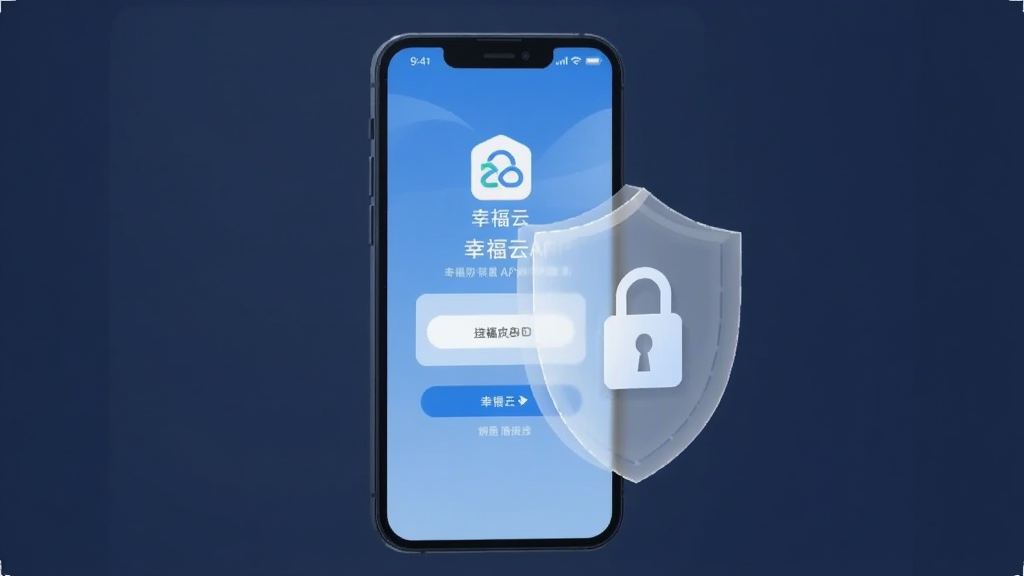一张体现幸福云APP安全防护理念的插图,画面中一部手机屏幕显示幸福云APP的登录界面,屏幕前方有一面半透明的盾牌图形,盾牌上有锁形图标,背景为深蓝色调,风格稳重简洁,画质清晰,无多余装饰元素