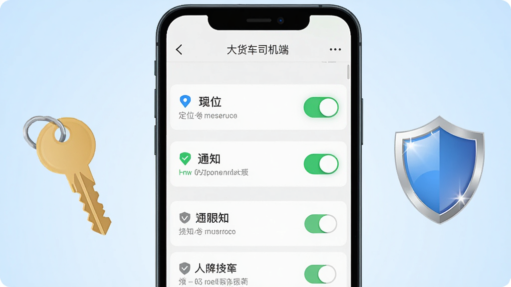 画面主体为一部智能手机屏幕特写,显示应用权限设置页面,定位与通知权限开关处于开启状态,屏幕旁放置一把钥匙与盾牌图标象征安全;布局上手机居中,图标分列两侧;排版中软件名称