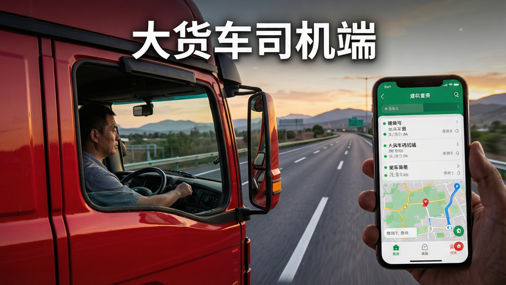 画面主体为一辆行驶在高速公路上的红色重型卡车,驾驶室内一位司机正手持手机查看货运订单界面,手机屏幕显示清晰的接单列表与地图导航;布局采用三分法,卡车位于画面左侧偏下,手机界面位于画面右侧前景,背景为黄昏时分的公路与远山;排版上软件名称