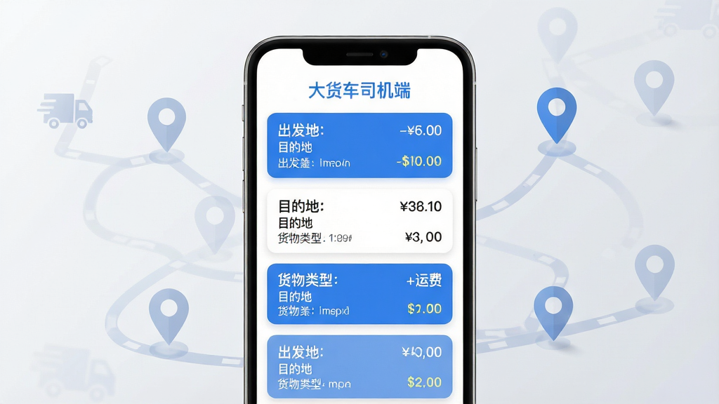 画面主体为一部竖屏智能手机,屏幕内呈现货运订单列表界面,每条订单以卡片形式展示出发地、目的地、货物类型与运费信息,卡片配色为蓝白相间;布局上手机居中放置,四周环绕半透明的货运路线图标与定位标记;排版中软件名称