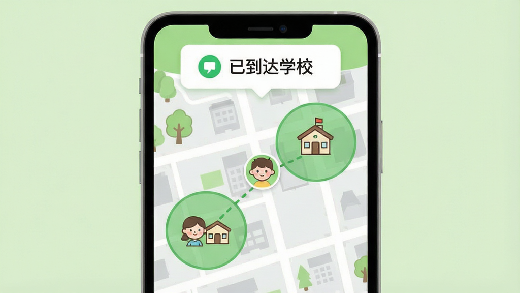 一张展示绿提守护孩子端位置共享功能的界面示意图,画面主体为手机屏幕,屏幕中显示卡通风格的城市地图,地图上标注家庭与学校两个绿色安全区域圆圈,一条虚线轨迹连接两地,轨迹上有一个孩子头像图标。屏幕上方弹出“已到达学校”的提醒气泡。整体风格为清新扁平化UI设计,配色以浅绿、白色和浅灰为主,画质清晰,布局简洁,无多余元素。