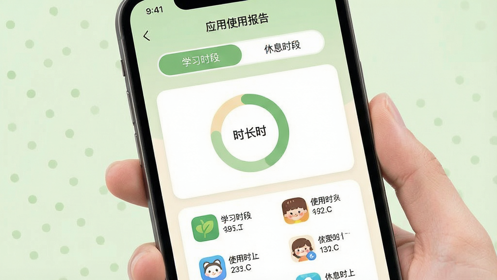 一张展示绿提守护孩子端应用管理功能的界面图,画面为手机屏幕特写,屏幕中显示“应用使用报告”页面,包含环形时长统计图与多个应用图标列表,每个图标旁标注使用时长数字。页面顶部有“学习时段”与“休息时段”两个切换标签。整体风格为现代卡片式UI设计,配色柔和,以浅绿和米白为主,画质干净清晰,排版整齐,无杂乱元素。