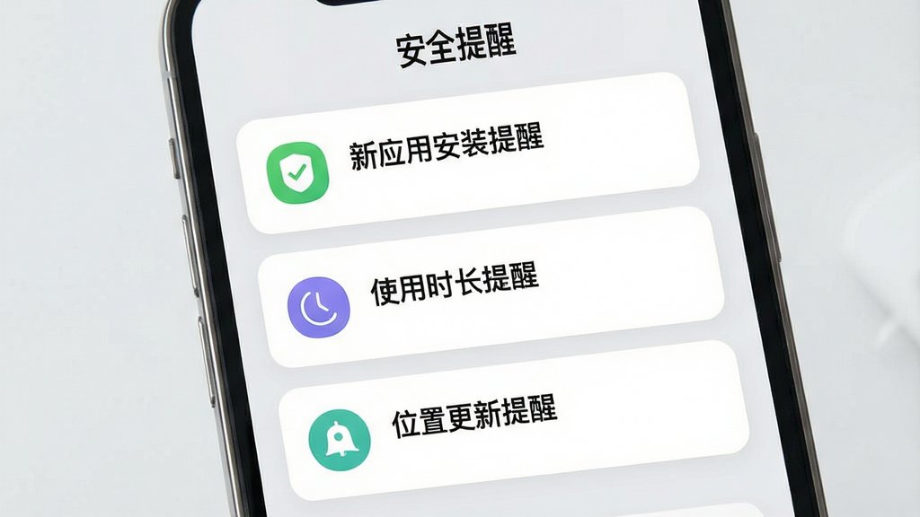 一张展示绿提守护孩子端安全提醒功能的界面示意图,画面为手机屏幕,屏幕中显示“安全提醒”消息列表,包含“新应用安装提醒”“使用时长提醒”“位置更新提醒”三条卡片消息,每条消息左侧配有对应的小图标。屏幕背景为浅灰色,卡片为白色圆角设计,整体风格简洁明快,画质清晰,布局规整,无多余装饰。