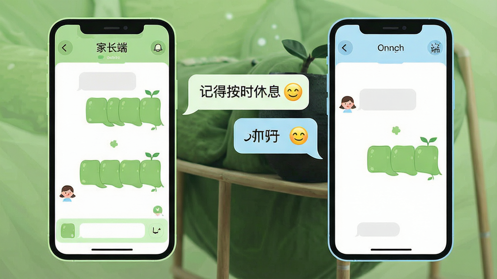 一张展示绿提守护孩子端亲子沟通功能的界面图,画面为两部并排的手机,左侧手机屏幕显示家长端聊天界面,右侧手机屏幕显示孩子端聊天界面,两者之间有对话气泡连接,气泡中包含文字“记得按时休息”与一个微笑表情。整体风格为扁平化插画风格,配色以浅绿、白色和淡蓝为主,画质清晰,构图对称,无多余元素。
