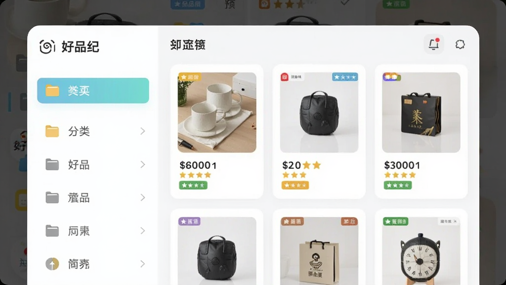 ��������Ϊ����Ʒ�͡�Ӧ���ڵĺ��ﵵ���������棬����Ϊ�����ർ�������Ҳ࿨Ƭ�б�����Ƭ��չʾ��Ʒ����ͼ�������Ǽ���������Ϊ����ǳɫ��ƽ����ƣ�ϸ�ڰ����ļ���ͼ�����ǩɫ�飬���ʸɾ�������������Ԫ��