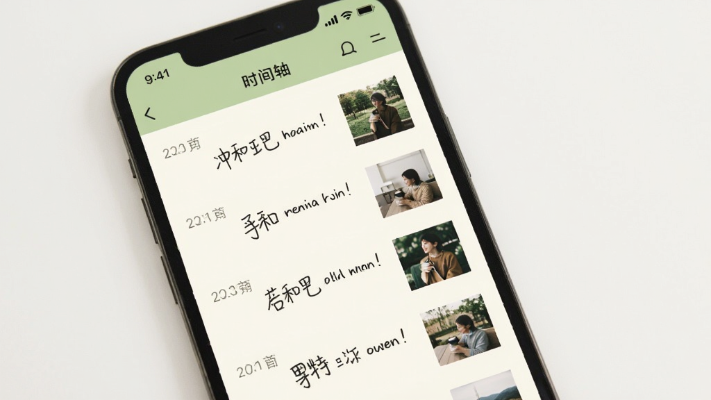 冲和手账应用内时间轴记录页面,屏幕上显示多条按日期排列的手账条目,每条包含短文字和缩略图,界面配色为浅绿与米白,手机竖屏展示,背景干净简洁,画质清晰,风格清爽