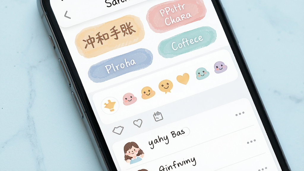 冲和手账标签筛选界面,手机屏幕上展示多个彩色标签按钮和心情图标选择区,下方是筛选后的手账列表,界面布局整齐,配色柔和,背景为浅色,画质干净清晰