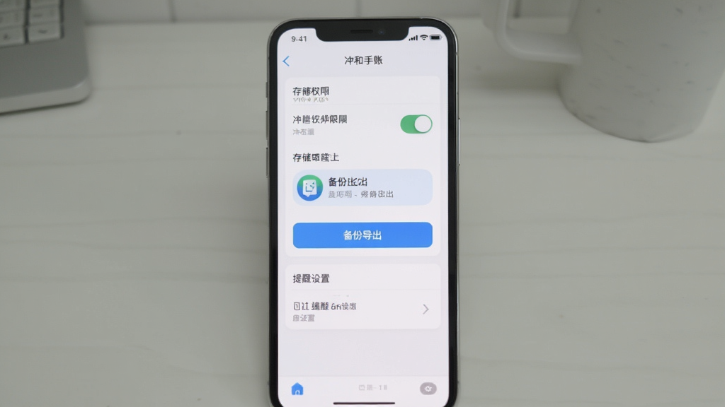 冲和手账手机应用设置页面截图,屏幕上展示存储权限开关、备份导出按钮和提醒设置选项,界面为浅色卡片式布局,手机竖屏放置于桌面,背景简洁,画质清晰干净